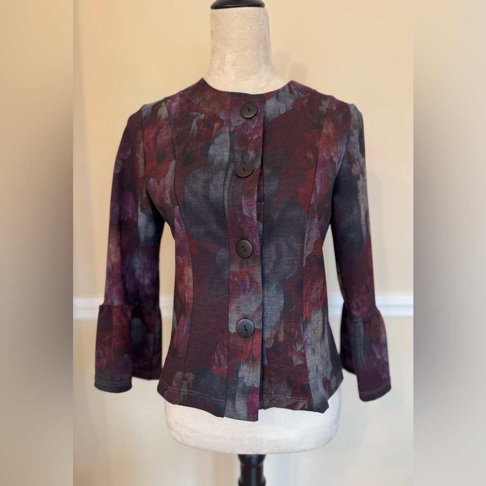 Papillon Blanc Moody Floral Jacket 3/4 Ruffle Sleeves Top • S • Unique Find!